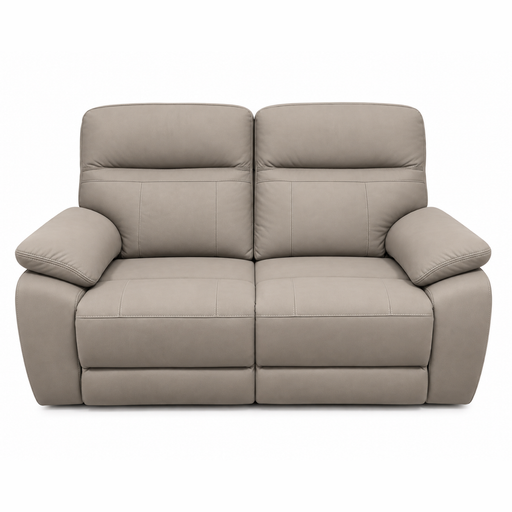 Jude Recliner Sofa, a taupe two-seater microfiber recliner with padded armrests and stitched detailing.