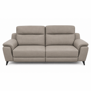 Chloe Electric Recliner, a contemporary two-seat taupe microfibre sofa in light gray with angled black legs.