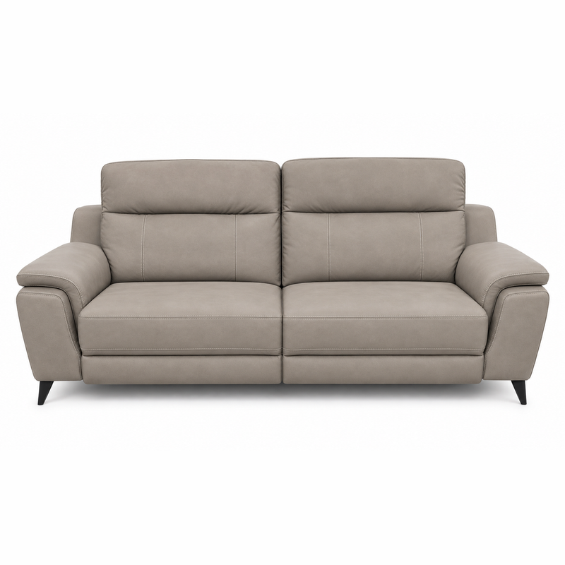 Chloe Electric Recliner, a contemporary two-seat taupe microfibre sofa in light gray with angled black legs.