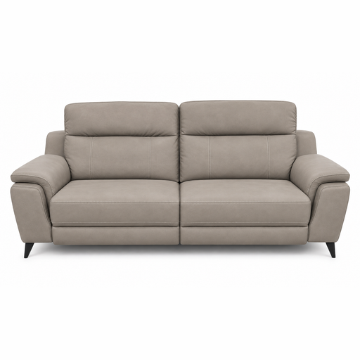 Chloe Electric Recliner, a contemporary two-seat taupe microfibre sofa in light gray with angled black legs.