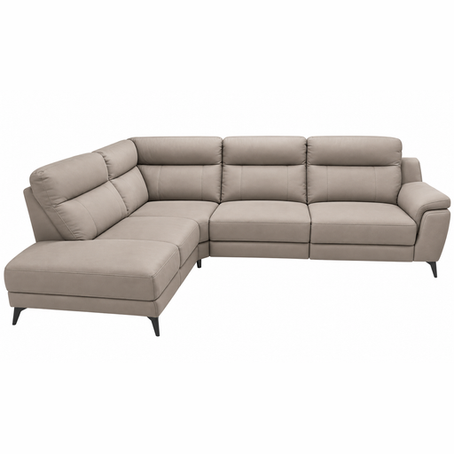 Chloe Corner Group L-shaped sectional sofa in contemporary taupe microfibre with thin black legs.