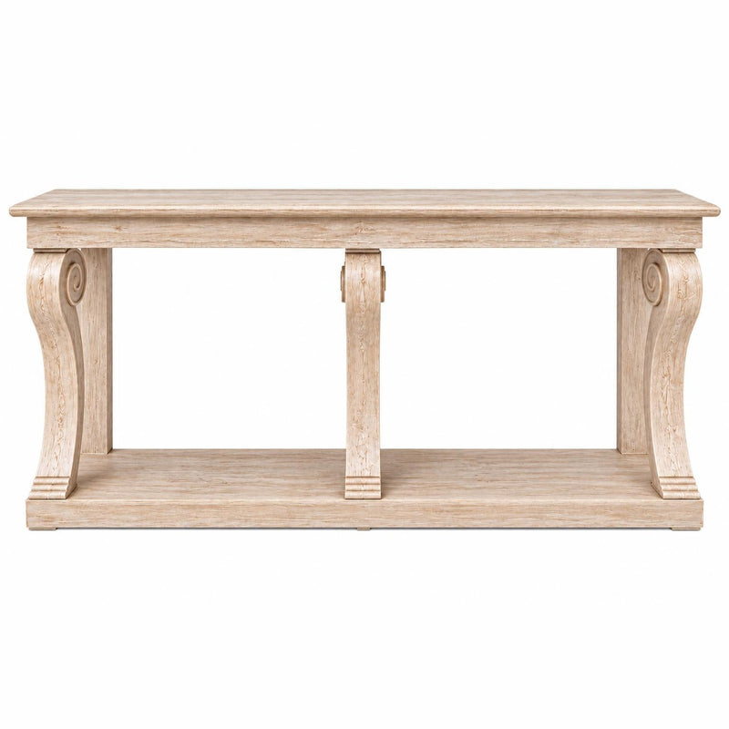 The Montclair Console Table showcases a rectangular light wood top, elegant curved side supports, a central vertical support, and an open lower shelf. Finished in a rustic, distressed style, this table brings timeless charm to any room.