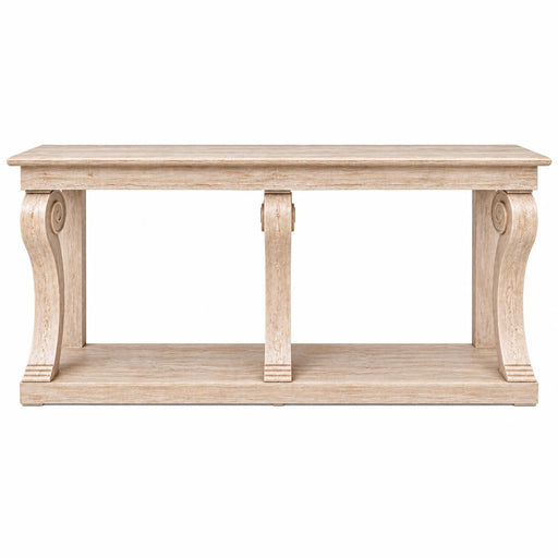 The Montclair Console Table showcases a rectangular light wood top, elegant curved side supports, a central vertical support, and an open lower shelf. Finished in a rustic, distressed style, this table brings timeless charm to any room.