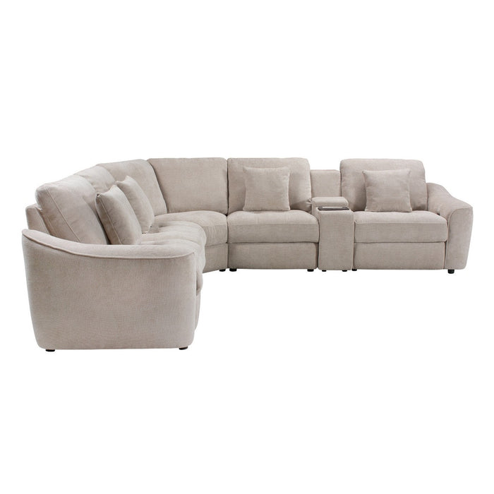 The Velora Corner Group is a spacious modular sectional sofa in light beige chenille, featuring plush cushions, matching throw pillows, and a built-in center console with cup holders, displayed against a plain white background.