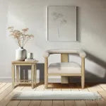Modern living room with a sofa, coffee table, and decorative items.