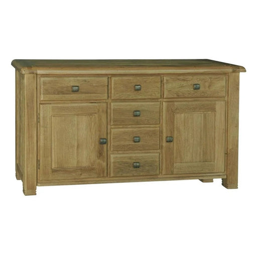 Rustic wide oak buffet or dresser with bronze-look square drawer pulls, offering both enclosed and drawer storage.