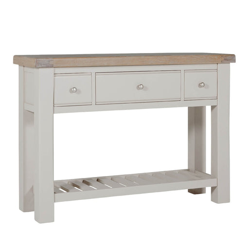 The Doune Console Table features a natural wood top, light gray base, three drawers with round knobs, and a slatted lower shelf for extra storage in a modern, simple design.