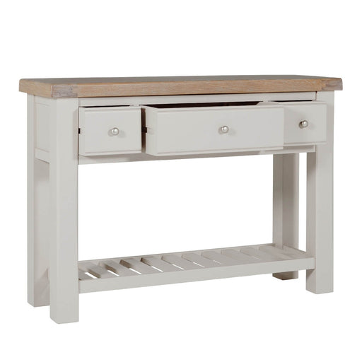 The Doune Console Table features a natural wood top, two open drawers with round knobs, and a slatted lower shelf in a white finish—a stylish addition to any space.