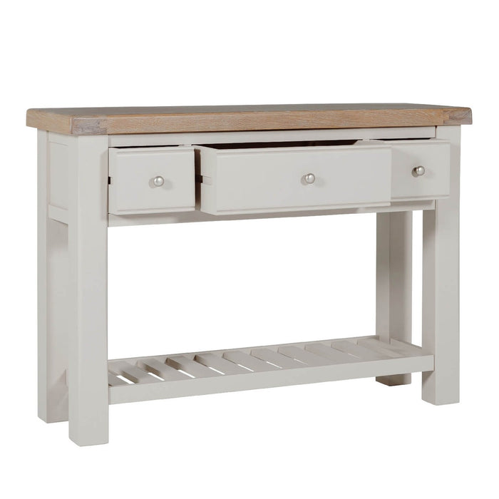 The Doune Console Table features a natural wood top, two open drawers with round knobs, and a slatted lower shelf in a white finish—a stylish addition to any space.