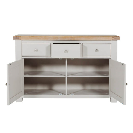 Two-tone sideboard with a light wood top and painted gray base, showing three top drawers and two cabinets with internal shelving.