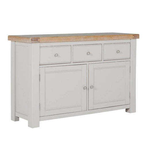The Doune Sideboard, a large taupe piece with two cabinets, three drawers, a natural wood top, and round metal knobs, stands against a white background.