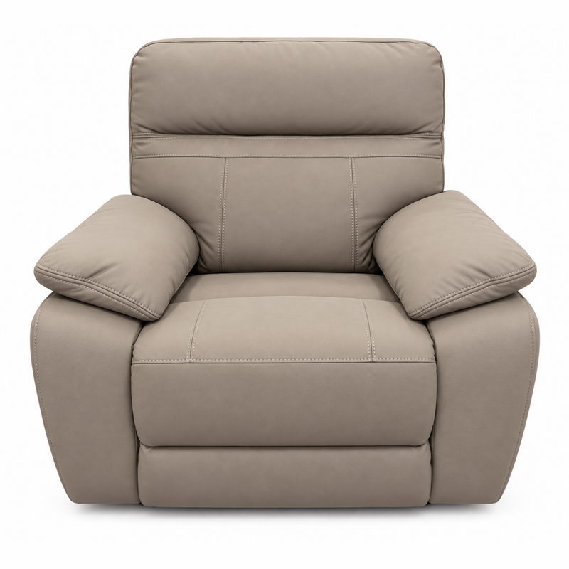Jude Recliner Sofa in light brown leather with a high backrest, cushioned armrests, and contrast stitching, perfect for living room furniture.