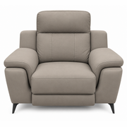 Chloe Electric Recliner in taupe microfibre featuring wide padded arms and thin black metal legs.