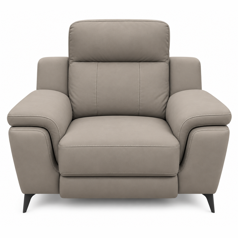 Chloe Electric Recliner in taupe microfibre featuring wide padded arms and thin black metal legs.