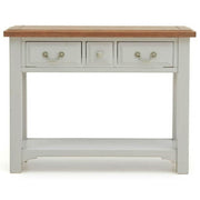 A soft grey console table with a solid oak top, featuring a drawer on each side and a lower shelf.