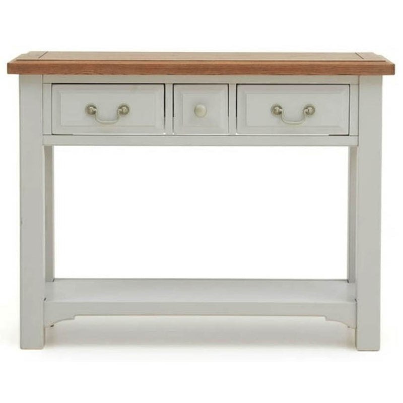 A soft grey console table with a solid oak top, featuring a drawer on each side and a lower shelf.