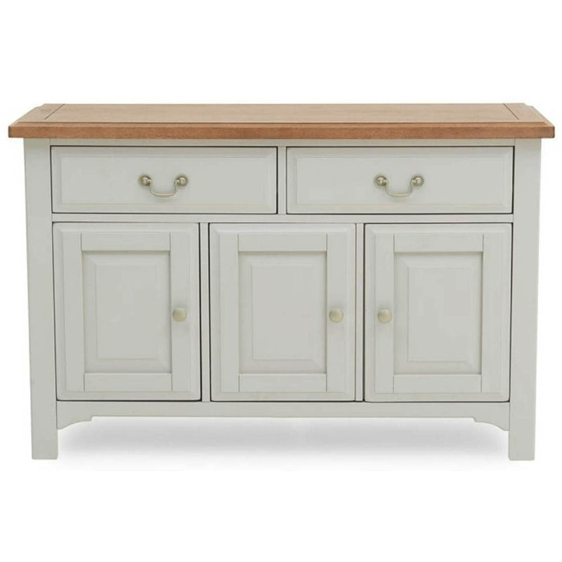 A large sideboard with a soft grey base and a solid oak top, featuring three drawers and two doors.