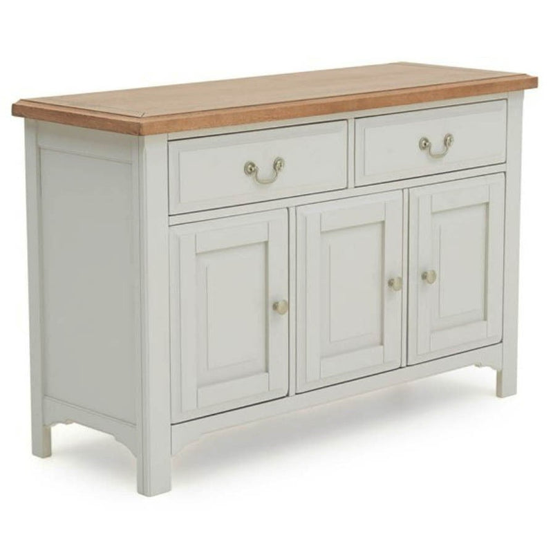 Traditional white or gray painted buffet cabinet featuring a contrasting light oak wood surface and three storage cupboards below two drawers.