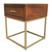 Dark wood end table for living room or bedroom with gold metal base.