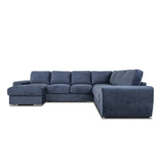 The Grand Corner Group 4L is a spacious, L-shaped sofa in dark blue fabric with plush seat and back cushions, shown against a white background.