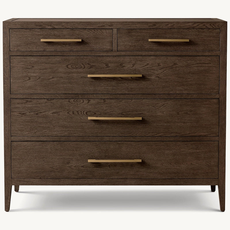 The Hampshire Locker is a dark wood dresser with five drawers—two small on top and three larger below—with rectangular metal handles, clean lines, and a modern design.