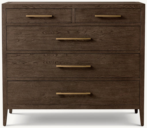 The Hampshire Locker is a dark wood dresser with five drawers—two small on top and three larger below—with rectangular metal handles, clean lines, and a modern design.
