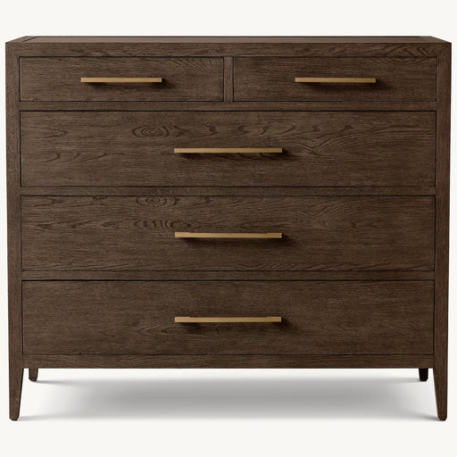The Hampshire Locker is a dark wood dresser with five drawers—two small on top and three larger below—with rectangular metal handles, clean lines, and a modern design.