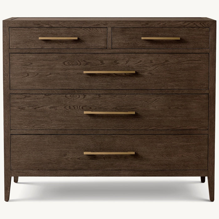 The Hampshire Locker is a dark wood dresser with five drawers—two small on top and three larger below—with rectangular metal handles, clean lines, and a modern design.