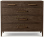 The Hampshire Locker is a dark wood dresser with five drawers—two small on top and three larger below—with rectangular metal handles, clean lines, and a modern design.
