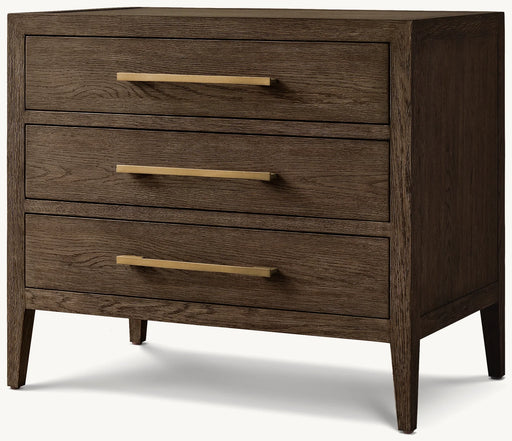 The Hampshire Locker is a modern dark wood dresser with three drawers featuring gold accents, long horizontal handles, and simple tapered legs, giving it a timeless and sophisticated style.