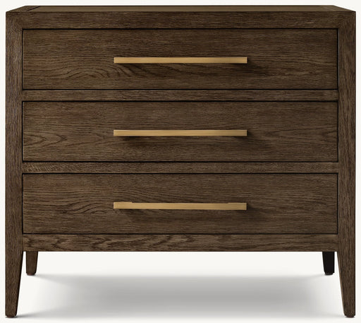 The Hampshire Locker, a dark wood dresser with three drawers, gold horizontal handles, and tapered legs, adds timeless style to any space, displayed here against a plain white background.