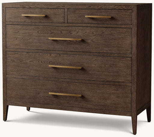 The Hampshire Locker is a dark wooden dresser with four large drawers and two smaller top drawers, all with modern brass handles. Short, tapered legs add a contemporary touch to any space.