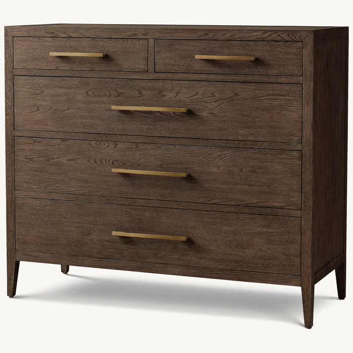 The Hampshire Locker is a dark wooden dresser with four large drawers and two smaller top drawers, all with modern brass handles. Short, tapered legs add a contemporary touch to any space.