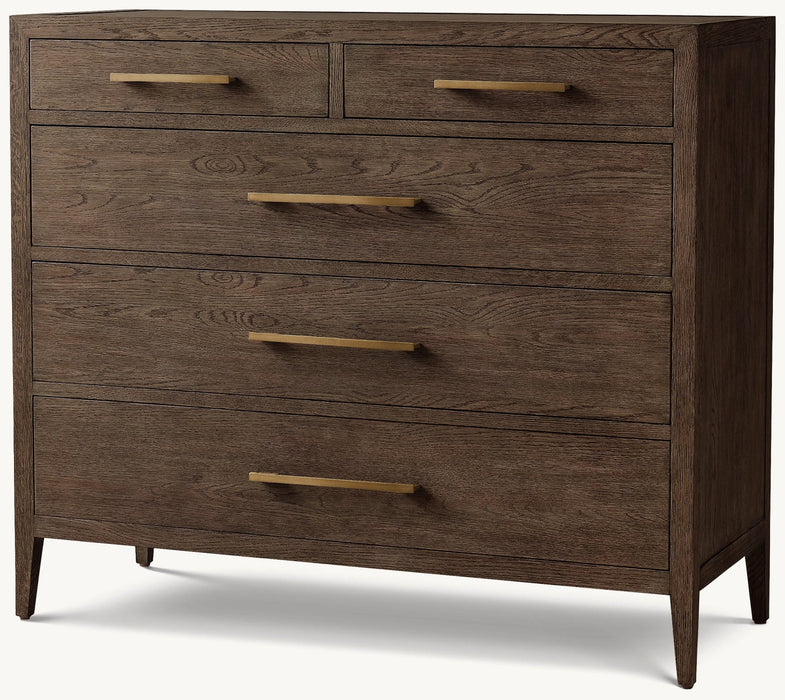 The Hampshire Locker is a dark wooden dresser with four large drawers and two smaller top drawers, all with modern brass handles. Short, tapered legs add a contemporary touch to any space.