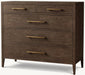 The Hampshire Locker is a dark wooden dresser with four large drawers and two smaller top drawers, all with modern brass handles. Short, tapered legs add a contemporary touch to any space.