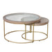 The Hannah Coffee Table set includes two round modern tables with gold legs—one larger table with a glass top and wood rim, and one smaller table with a matching wood top. The elegant tables can be partially slid together.