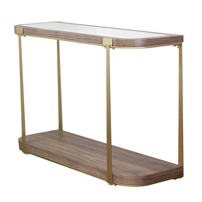 The Hannah Console Table features gold legs, a glass top, and a wooden lower shelf with rounded edges for a sleek, minimalist look.