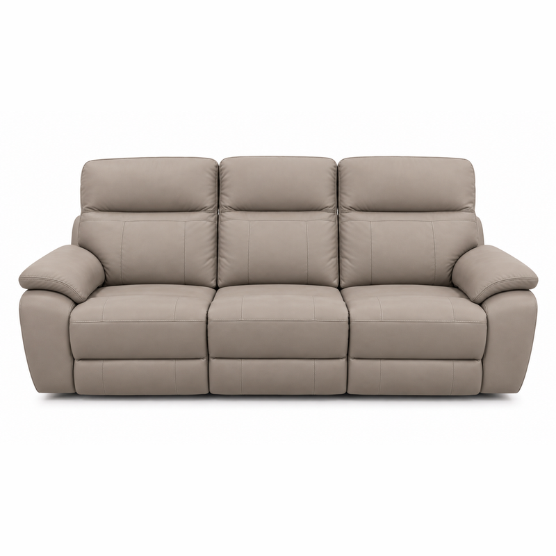Jude Recliner Sofa in taupe leather, a three-seat design featuring stitched detailing.