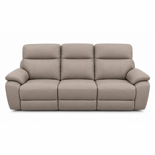 Jude Recliner Sofa in taupe leather, a three-seat design featuring stitched detailing.