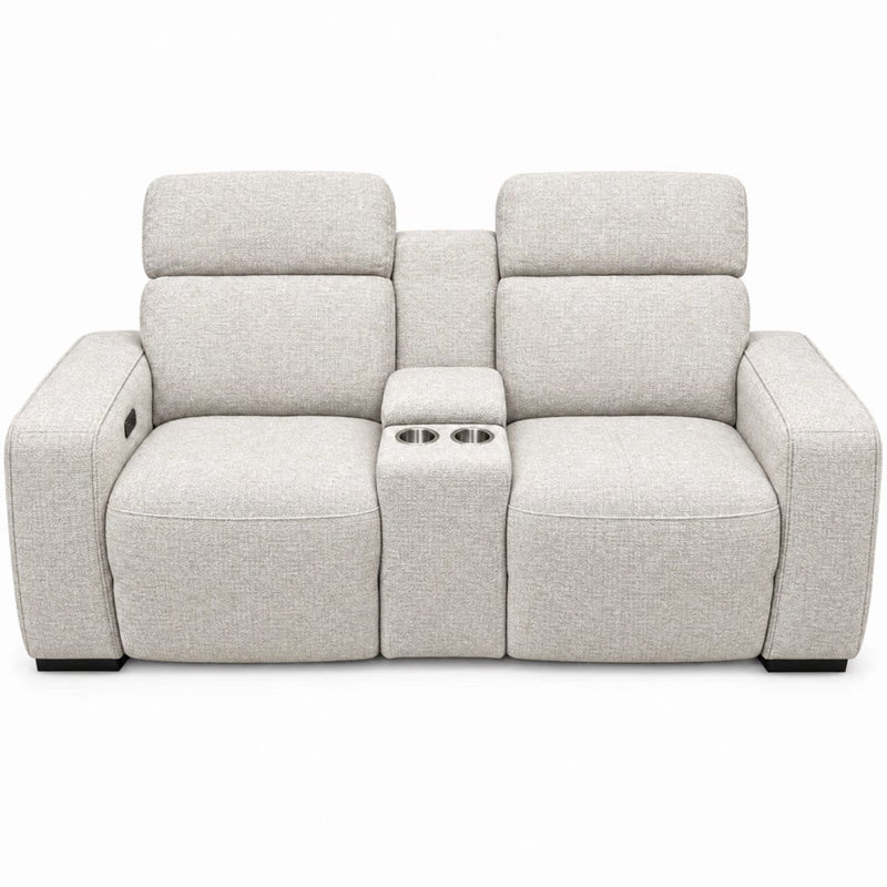 Lennox Electric Recliner Sofa in modern light gray, featuring two seats, power reclining, and a center console with two cup holders.