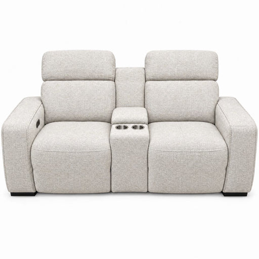 Lennox Electric Recliner Sofa in modern light gray, featuring two seats, power reclining, and a center console with two cup holders.