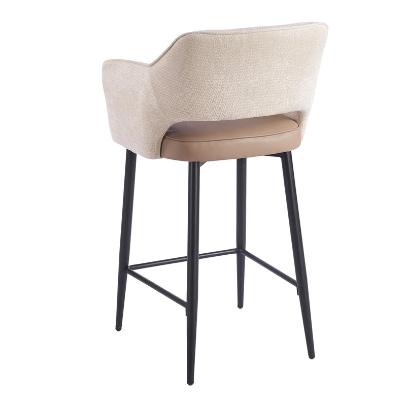 Massie Counter Stool with a beige upholstered backrest, a tan seat, and black metal legs.