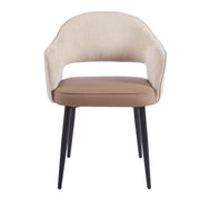 Massie Dining Chair with a curved, textured beige backrest, a smooth brown seat, and four tapered black metal legs.