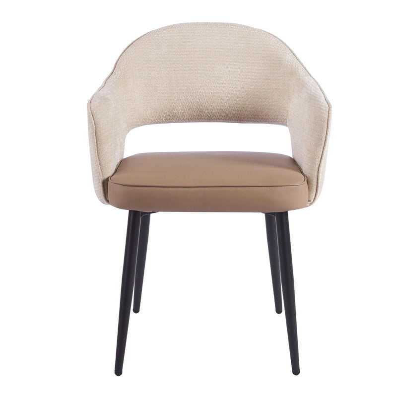 Massie Dining Chair with a curved, textured beige backrest, a smooth brown seat, and four tapered black metal legs.