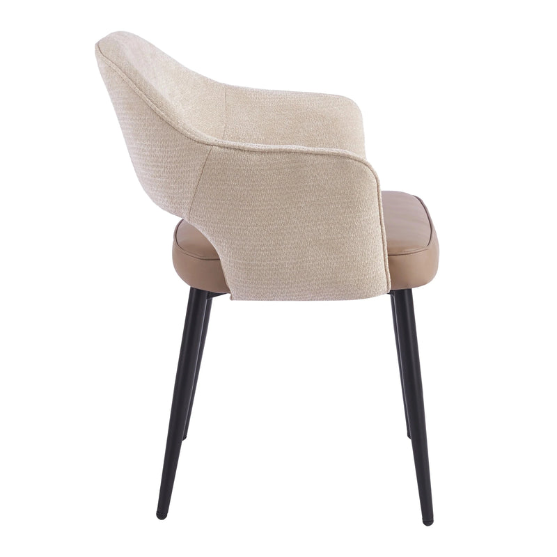 Side view of a Massie Dining Chair with a beige upholstered back, a tan seat, and four slim black metal legs.