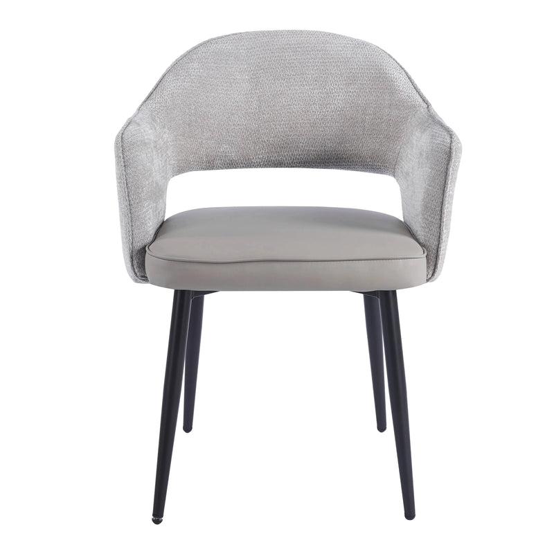 Massie Dining Chair with a curved, textured gray upholstered back, a smooth gray seat, and four tapered black legs.