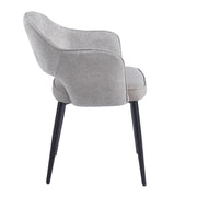 Massie Dining Chair in gray upholstery with a curved backrest, seat cushion, and thin black metal legs.