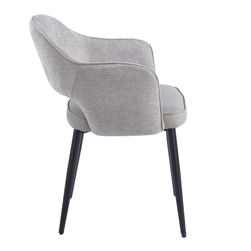 Massie Dining Chair in gray upholstery with a curved backrest, seat cushion, and thin black metal legs.