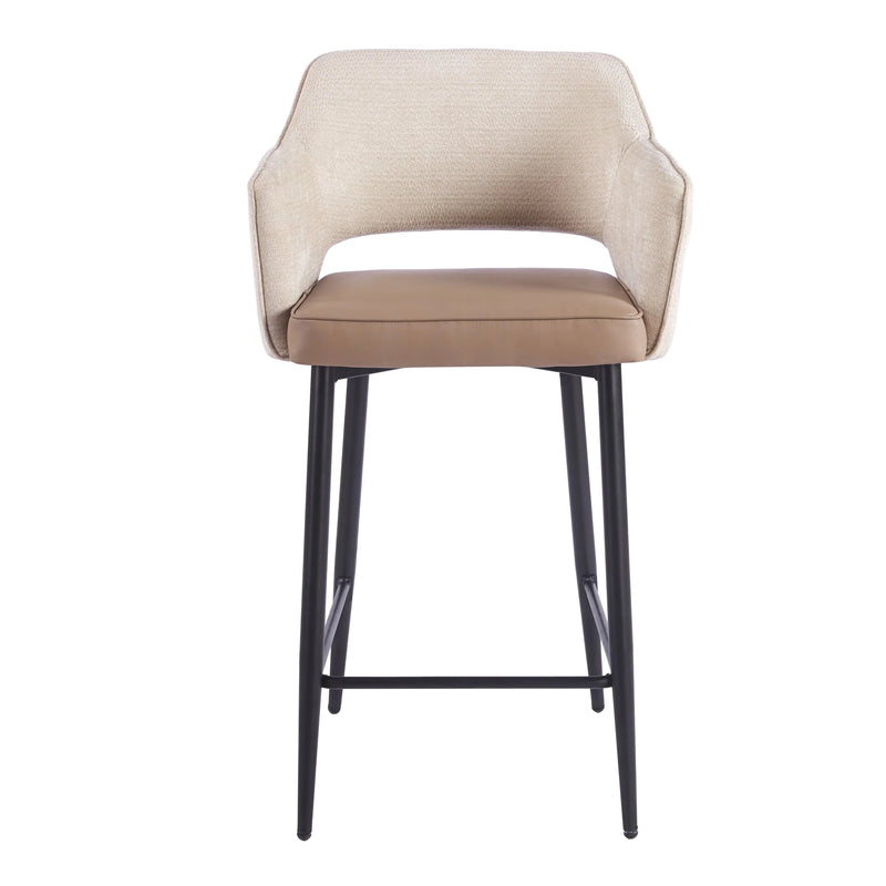 Massie Counter Stool with a beige upholstered backrest, a brown seat, and four slim black metal legs.