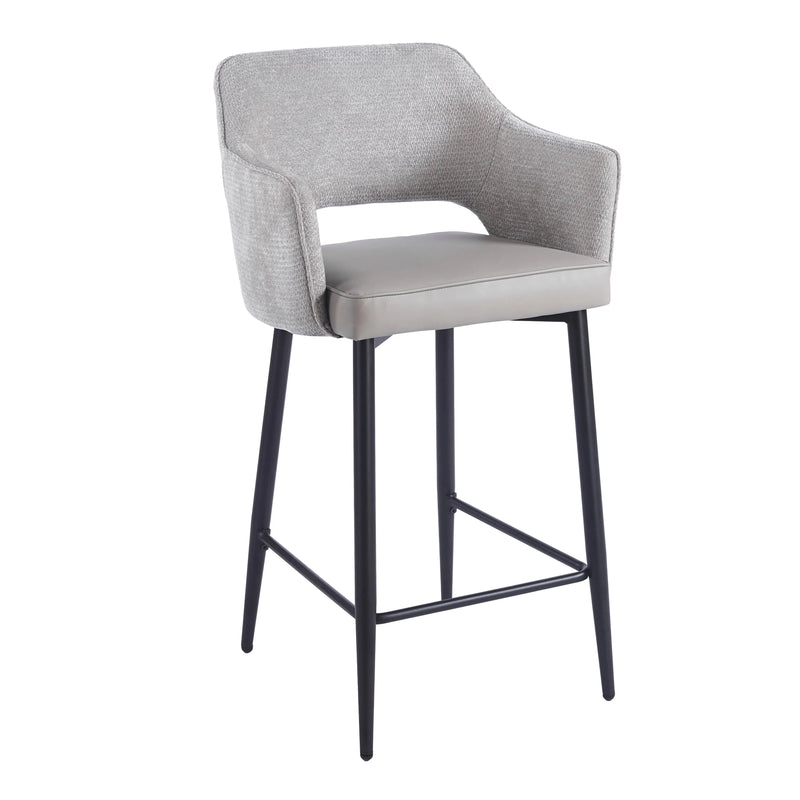 Massie Counter Stool with a gray fabric back, a smooth gray seat, and black metal legs with a footrest.